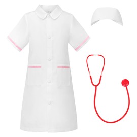 ReliBeauty 100% White Coat for Children, Pretend Doctor, Nurse, Cosplay, Kids, Nurse, Girl, Halloween, Costume, Stethoscope, Hat Set, White