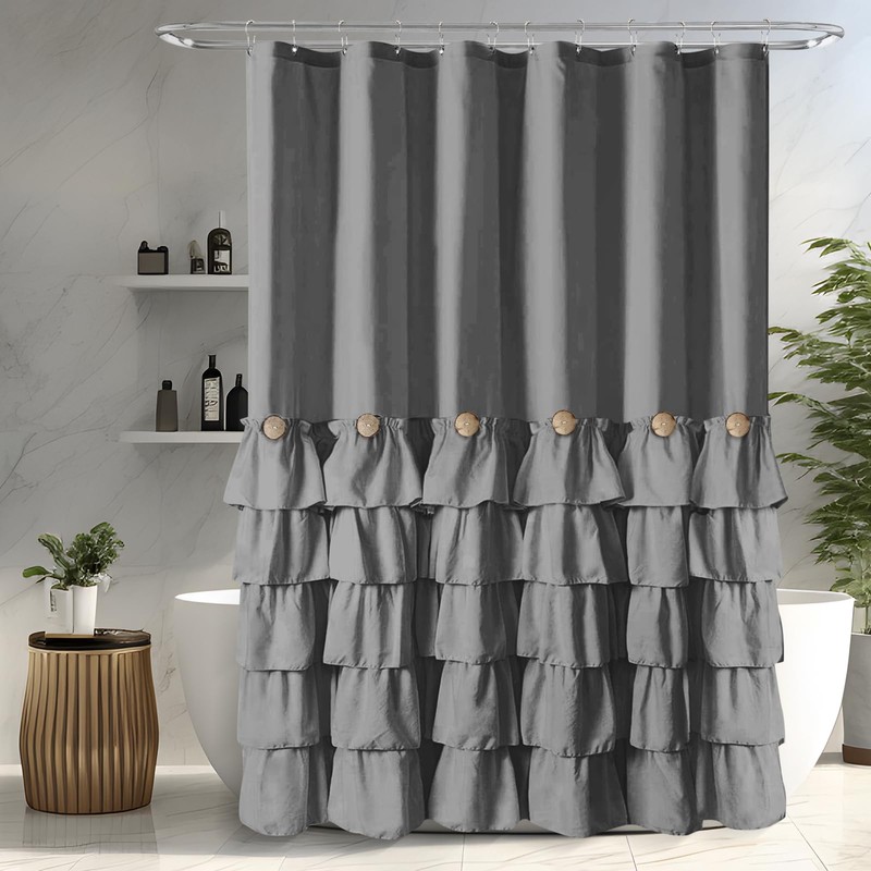 Seasonwood Grey Shower Curtain Ruffle Shower Curtain with Button 72