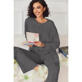 Ekouaer Lounge Wear Sets Ladies Pyjamas for Women Long Sleeve Pjs Loungewear with Pockets Winter Nightwear Lightweight Sleepwear, Grey, XXL