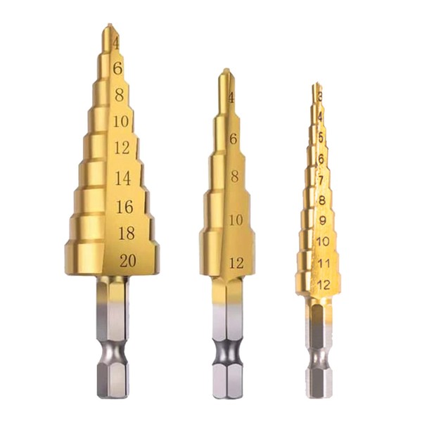 3PCS Step Drill Bit Set High Speed Steel Titanium Coated