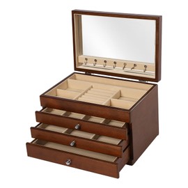 WUPYI Jewelry Box,Wooden Jewelry Organizer Box 3 Layer Jewelry Display Case Storage with Mirror for Jewelries,Watches,Earrings,Rings,Necklaces,Bracelets Men Women Gift(Brown)