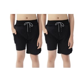 IRELIA 2 Pack Boys 2 in 1 Running Shorts Kids Box Brief Liner Compression Active Sports Shorts BB 10-12 Black/Black