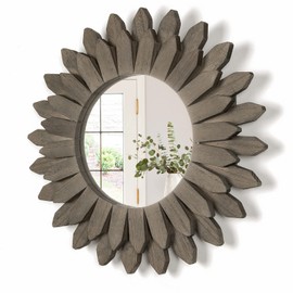 Honiway Farmhouse Wall Decor Mirror 12 inch Sunburst Boho Wood Mirror Rustic Home Decor Room Decoration for Bedroom Living Room Weathered Grey