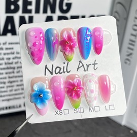 Handmade Almond Press on Nails Thick Fake Nails with Water Droplet Pattern Designs Medium Length Acrylic Nails with Glue,Flower Art Nature Stick on Nail False Nails for Wome (Size S)