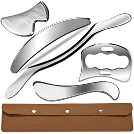 5 en 1 raspador muscular de acero inoxidable Gua Sha, juego de herramientas de masaje, herramienta de raspado, terapia física con estuche de almacenamiento, tejido suave y liberación