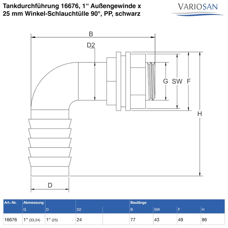 VARIOSAN Tank Feedthrough 16676 1 Inch Male Thread x 25