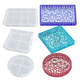 3PCS Diamond Resin Tray Mold with Edges, Silicone Tray Mold for Resin Casting, Square Rectangle Round Epoxy Mold DIY Jewelry Plate Box Candle Holder Container Resin Art Craft Making Supplies