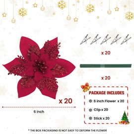 Alupssuc 20 Pcs 6'' Red Glitter Poinsettia Artificial Christmas Flowers with Clips，Artificial Flowers for Home Xmas Tree Ornaments,Wreath Garland Decoration Wedding Party Decor,Red