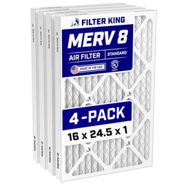 Filter King 16x24.5x1 Air Filter (MERV 8) (4-Pack) Dust & Allergy Control AC Furnace Filters, MADE IN USA, HVAC, Pleated, Electrostatic (Actual Size: 16 x 24.5 x .75)