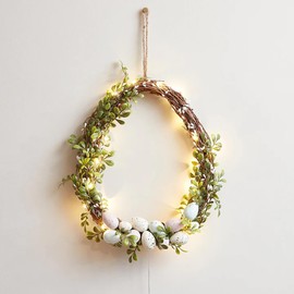 Live Clouds Easter Wreath with Eggs Ornaments for Front Door, Pre-Lit Hanging Artificial Twigs Wreath Spring Decor for Holiday Indoor Outdoor Wall with LED String (Without Battery)