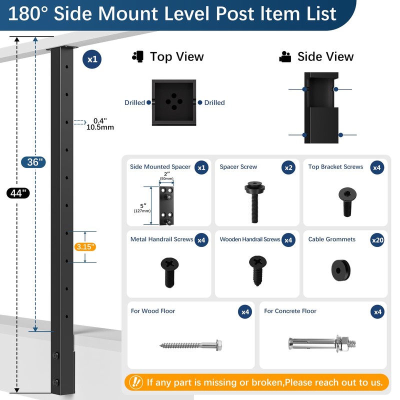 Gyykzz 36" Side Mount Cable Railing Post, Level Drilled Space-Saving