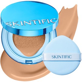 SKINTIFIC Base Cushion Velvet Matte, Polvo Ultra Cover Azul, Control de Grasa por 12 Horas, Ligera, de Larga Duración, Resistente al Agua, Maquillaje Coreano en Cushion, 04 Beige