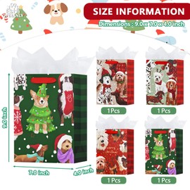 OFIHANLY 4 Pack 9" Small Size Christmas Gift Bags with Handles for Xmas Holiday Presents Animal Dog Theme Cute Paper Wrapping Bag with Tissue Paper for Kids