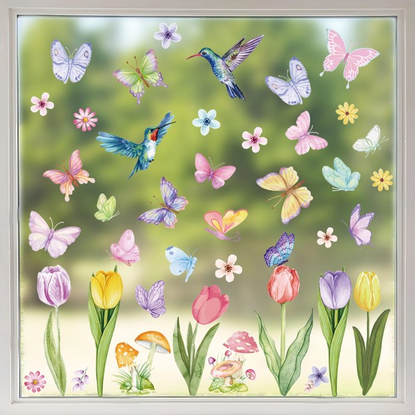 8 Sheets Spring Window Stickers Tulips Hummingbird Butterfly Flower Window Clings Double-Sided Stained Glass Clings Floral Window Clings for Spring Window Decorations