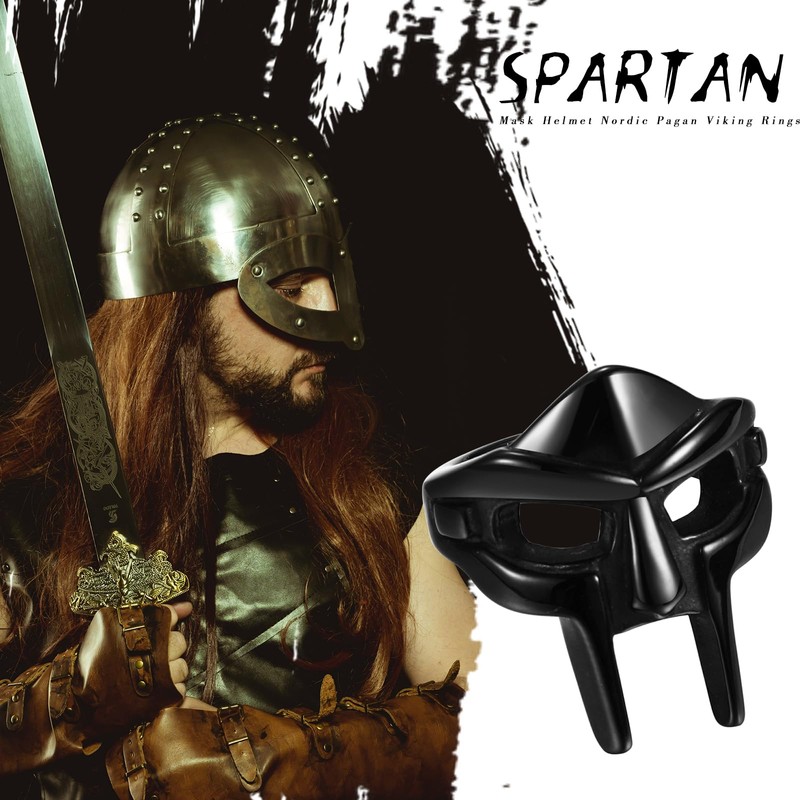 Mens Spartan Mask Helmet Ring: Black Stainless Steel Roman Gladiator