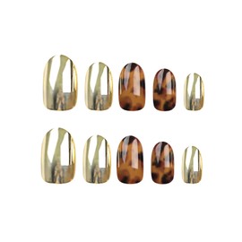24pcs Press on Nails Short Oval Fake Nails Set Gold Stick on Nails Amber Pattern Removable Glue-on Nails Acrylic Full Cover False Nails Set Women Brides Nail Art Accessories