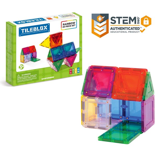 Tileblox Basic Rainbow 20 Pieces, Rainbow Colors, Magentic Geometric Shapes Building STEM Toy Set Ages 3+