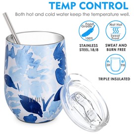 THILY Wine Tumbler Stainless Steel Insulated 12 oz Stemless Wine Glass with Slide Lid and Metal Straw, Travel Cup Keep Cold for Coffee, Cocktails, Blue Maple