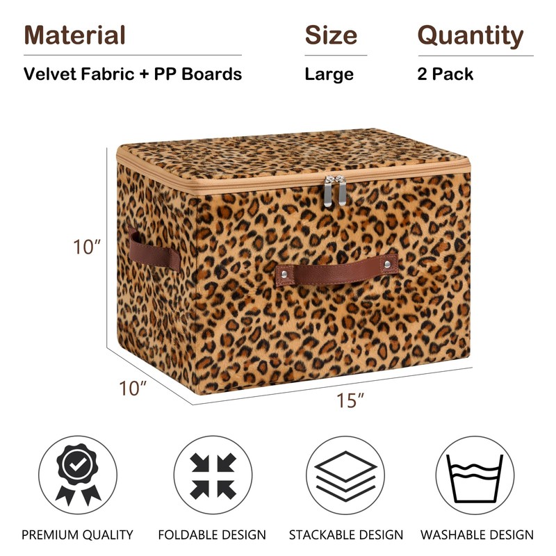 2PCS Storage Bin Boxes with Zipper Lid Leopard Print Cute