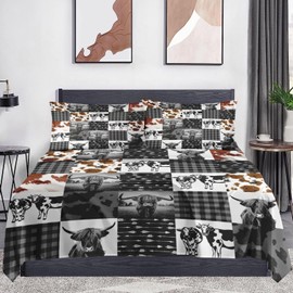 WeCozy Full Size Bed Sheet Sets with Pillowcases, Highland Cow Animal Print 4 Pcs Soft Microfiber Bedding for Kids and Adults, Black White Plaid Flat, Fitted Sheet for Bedroom Bed Decor