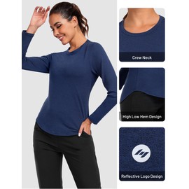 MIER Womens Long Sleeve Workout Tshirts Yoga Athetic Running Tops Crewneck Quick Dry Lightweight Shirts, Heather Navy, L