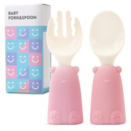 Baby Spoon Fork Set Infant Spoon Fork Easy Grip First Baby Food Tool for Baby Food Training Eating Yourself Kids Baby Spoon (Pink-Bear)