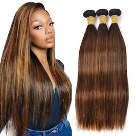 Creuost Real Hair Wig, Straight Human Hair Bundles, 100% Unprocessed Brazilian Hair, Long Hair, P4/30 Highlight Brown Hair Extensions, Weave, 3 Bundles, Total 300 g, 20 22 24 Inches
