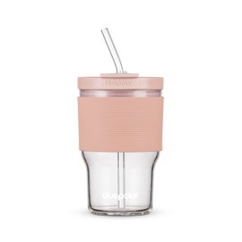 Glass Juice Bottles with Lids and Straws,16oz/480ml Reusable Iced Coffee Glasses,Cold Brew Tumblers with Leakproof Lids,BPA-Free Glass Jars for Juicing,Matcha,Tea,Smoothie (Pink with Sleeve)
