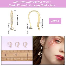CREATCABIN Pack of 22 Zirconia Earring Hooks, 18 Carat Gold-Plated Brass, Fish Hooks, Ear Hooks, Vertical Loop, French Earring Connectors for DIY Jewellery, Earring Making, Women, 15 x 2 mm