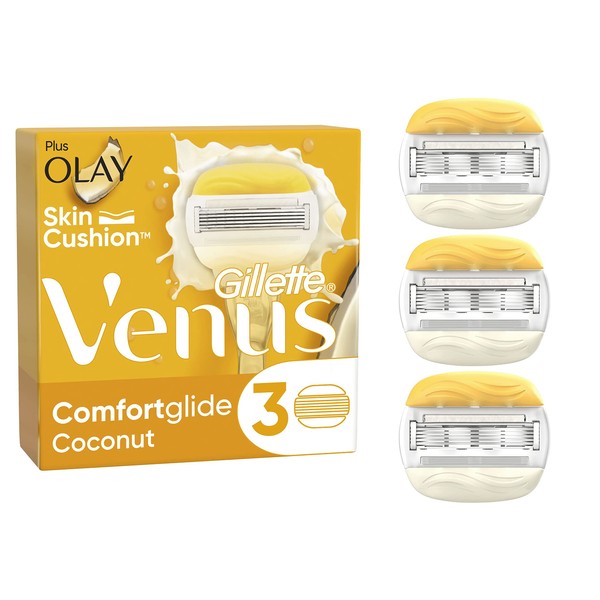 Gillette Venus ComfortGlide Coconut Razor Blades Women, Pack of 3 Razor Blade Refills with 2 Flexible Gel Bars with a Touch of Olay Moisture