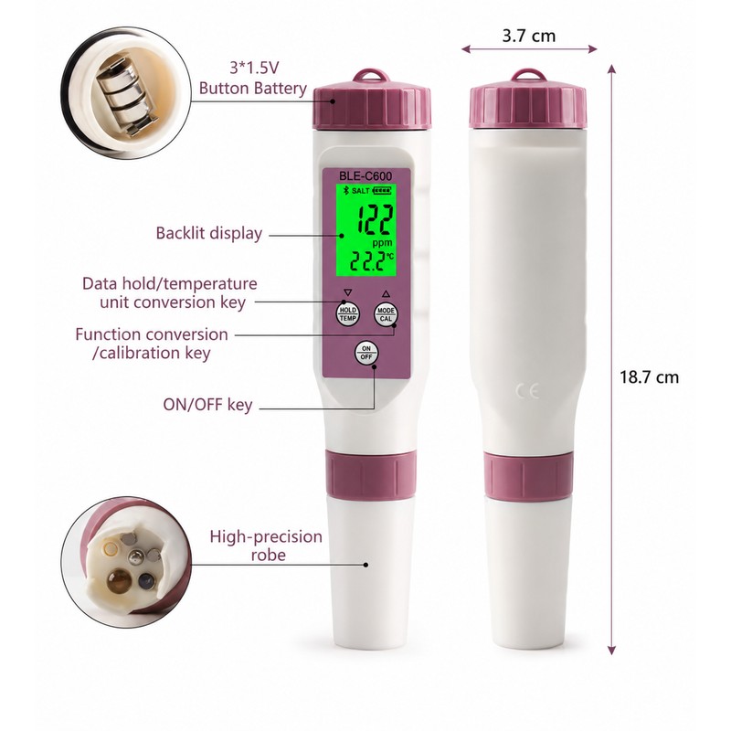 7-in-1 Bluetooth Water Tester for Aquariums & Hydroponics – pH,
