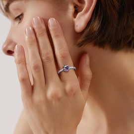 AVECON Silver Ring Women's Wide Wrap Ring / Princess Cut Amethyst / 14 Carat Gold Plated Cross Ring Women Fashion Jewellery Size J to Z, stone, Amethyst