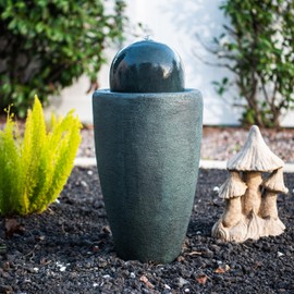 XBrand 25.98" H Round Stone Indoor/Outdoor Modern Stone Textured Sphere Water Fountain w/LED Lights, Ball Water Fountain Decor, Garden Sphere Fountain, Patio Fountain, Outdoor Fountain, Dark Green