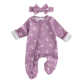 Ursobutegl Newborn Baby Girl Clothes Footie Ruffle Trim Zipper Romper Jumpsuit Bodysuit Headband Coming Home Hospital Outfits (Violet, 0-3 Months)