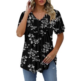 onlypuff Ladies Short Sleeve V Neck Tunic Tops Shirts Pleated Blouse Buttons Up Tops for Leggings