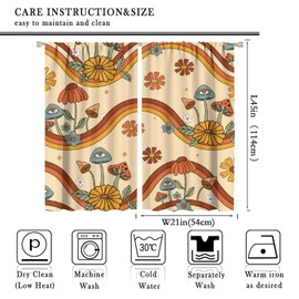 JanJCurt Retro Mushroom Curtains, 70s Boho Groovy Vintage Hippie Funky Aesthetic Eye Cute Daisy Flower Print Window Treatments for Living Room Bedroom, 42x45 Inch (No Blackout)