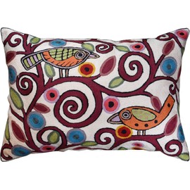 Kashmir Designs Lumbar Klimt Modern Pillow Cover | Cream, Multicolor Tree of Life, Birds, Floral Suzani Floral Pattern | 14" x 20" | 1 Count
