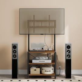 HOOBRO Rolling TV Stand with Mount and Power Outlet Up to 55 inch TV, Corner Entertainment Center, Small TV Stand with 3-Tier Storage Shelves for Living Room, Bedroom, Black and Walnut BH66UDS01