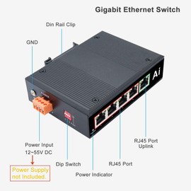 Industrial 5 Ports Gigabit Ethernet Switch Hardened 5 Port RJ45 10/100/1000Mbps Network Switch Outdoor Din Rail Ethernet Switch (-40 to 176 ºF) Din-Rail Mount Ethernet Hub