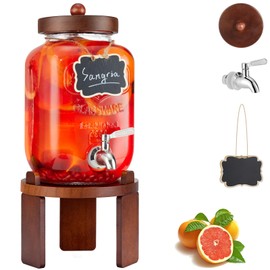 1 Gallon Glass Drink Dispenser with Wood Stand,Beverage Dispenser for Fridge with 18/8 Stainless Steel Leakproof Spigot & Wooden Lid,Drink Dispenser for milk,Parties,Lemonade Stand,Sun Tea,Weddings