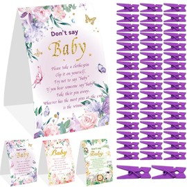 Weecent Baby Shower Games, Butterfly Baby Shower Games, Don't Say Baby Game, 2 Sign and 50 Mini Purple Clothespins,Baby Shower Decorations Ideas Party Favors Supplies