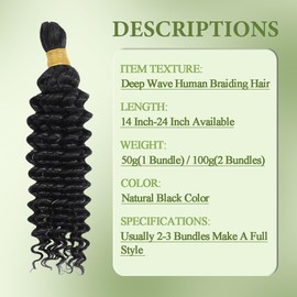 Deep Wave Bulk Human Hair 22 Inch 50g/1Bundle No Weft Human Hair Extensions For Braiding 12A Curly Human Braiding Hair Wet And Wavy Deep Bulk Human Hair Braiding Hair Natural Black