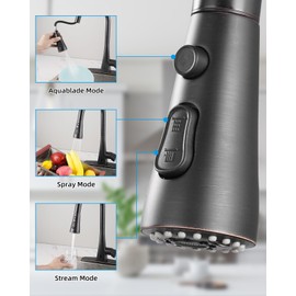 Hibbent Stainless Steel Pull Down Spray Head Replacement with 15 Adapters, 3-Function Kitchen Faucet Spray Head Nozzle Compatible with Moen, American Standard, Delta, Kohler Faucet, Oil-Rubbed Bronze