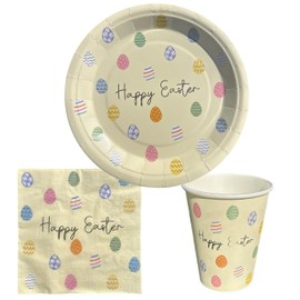 eBoutik - Large Easter Party Tableware Set Bundle - Easter Egg Themed Tableware Spring Decoration Theme, 10 Plates, 10 Cups, 15 Napkins with Bunting