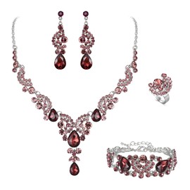 EVER FAITH Rhinestone Crystal Wedding Flowers Wave Teardrop Necklace Earrings Set, Crystal