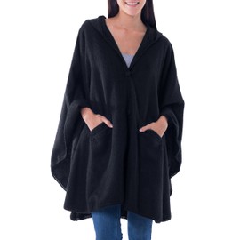 NOVICA Artisan Handmade Alpaca Blend Hooded Ruana Cape Andean with Acrylic Wool Clothing Wraps Ruanas Black Solid Peru ' Glamorous Night'