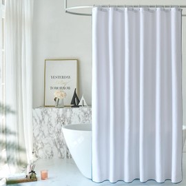 youngseahome Faux Linen Fabric Cloth White Shower Curtain with Water Blue Border Bathtub Curtain Boho Modern Shower Curtains for Bathroom and Hotel,72 x 72 Inches