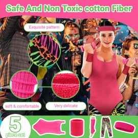 AENEY 80s 90s Workout Costume for Women, 7Pcs Fancy Dress Neon Leotard Party Accessories, Ladies Retro Hippie Dress up Set (Rose Red, Large)