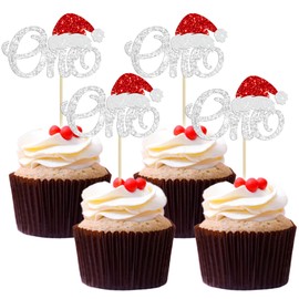 24 decoraciones de Navidad para cupcakes con purpurina, sombrero de Papá Noel, decoración para tartas de primer cumpleaños, decoración para Navidad, baby shower, niños, suministros para fiesta de primer cumpleaños, color plateado