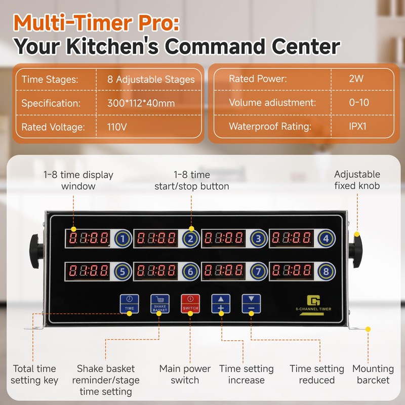 Commercial Kitchen Timers for Cooking, 8-Channel Timer for Commercial Kitchens,
